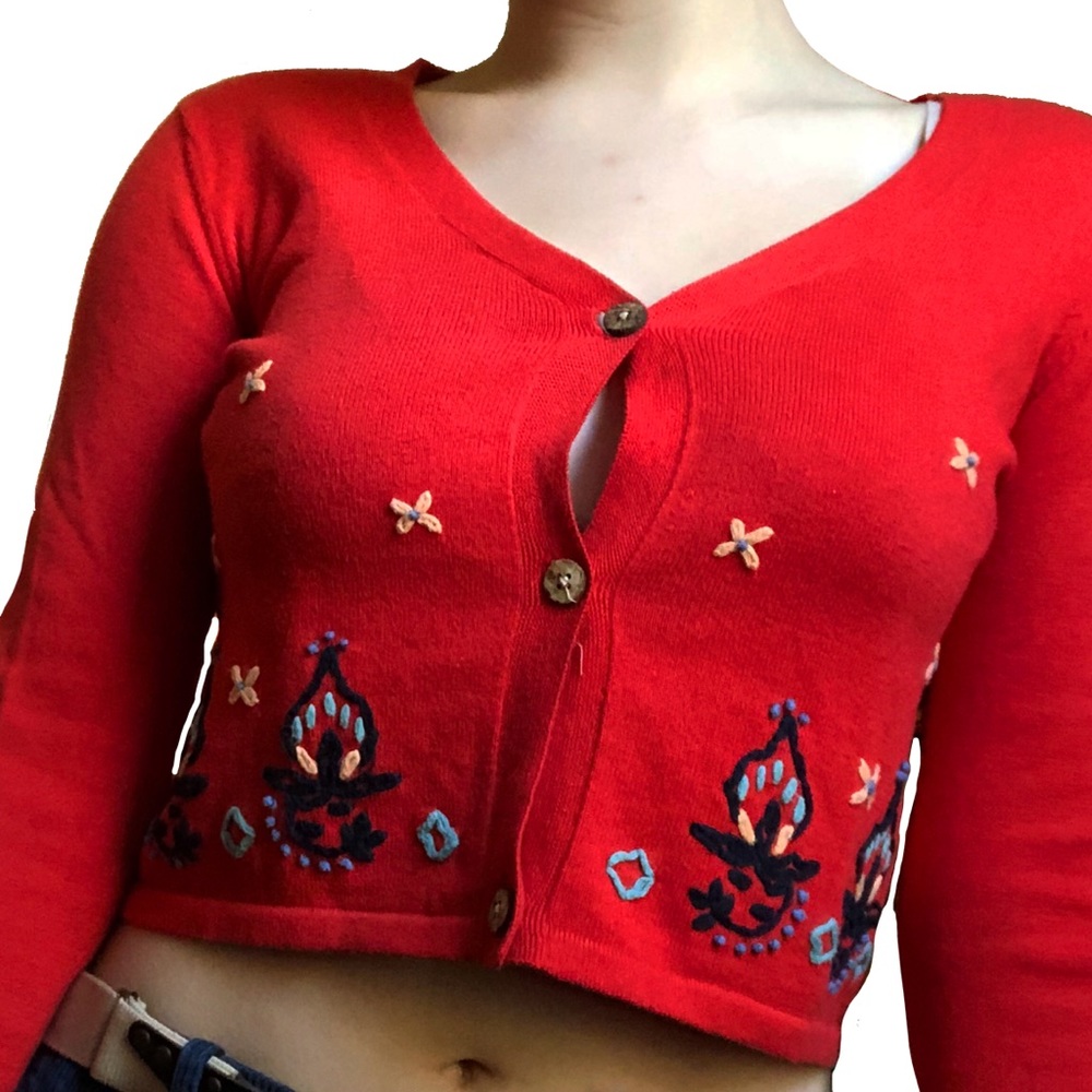 Boho Red Cropped Sweater with Stitching